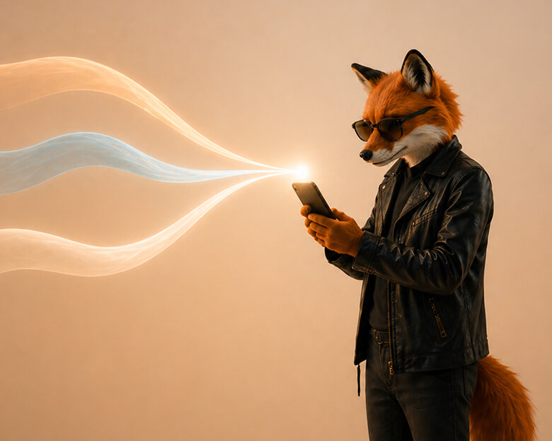 Fox character holding a glowing smartphone