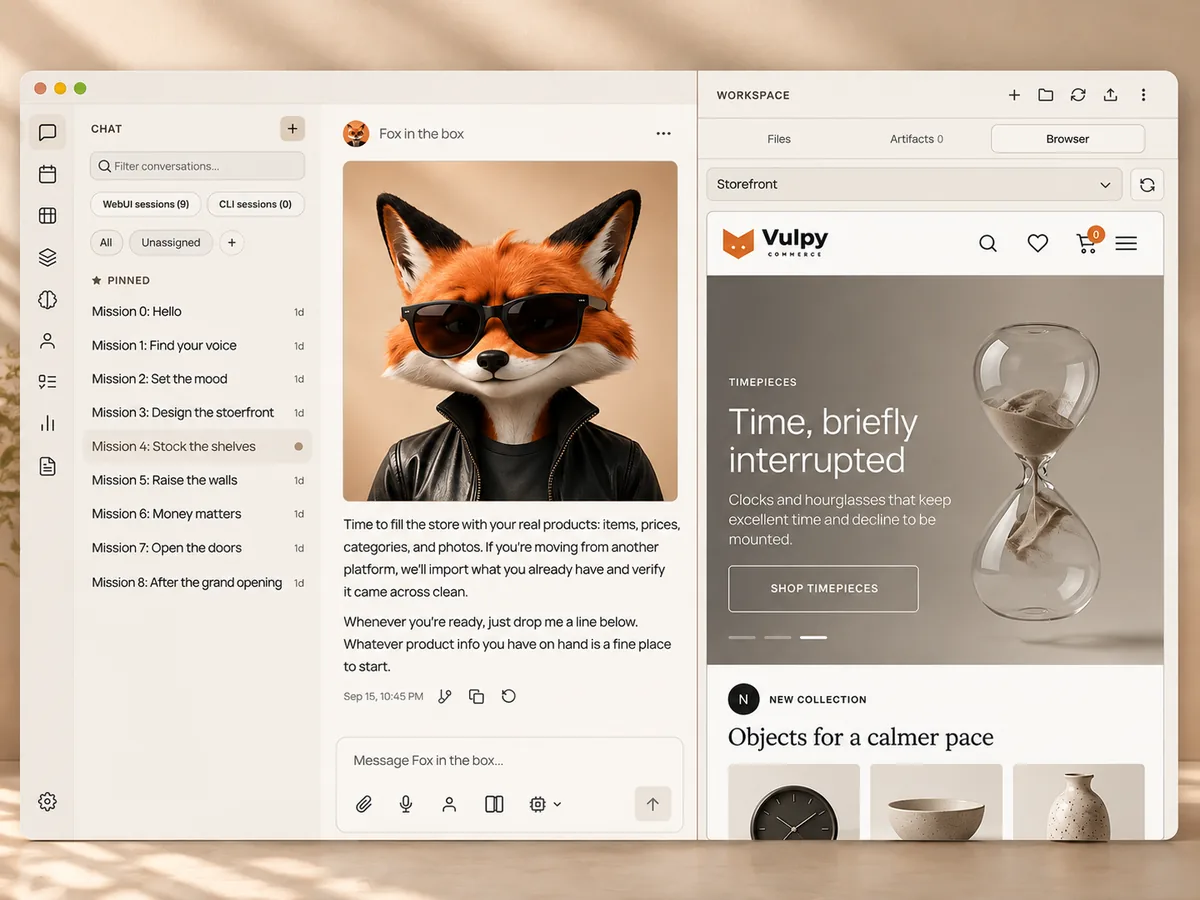 Fox onboarding mission in progress, building a store step by step