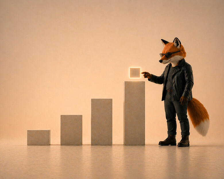 Fox character next to a rising bar chart