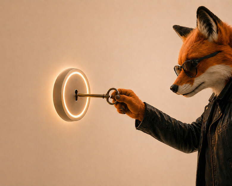 Fox character using a key on a glowing lock
